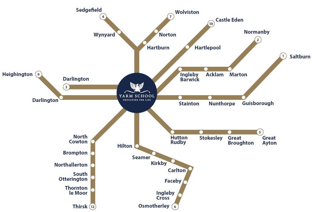 Map of Yarm School coach service around Teesside, the North East and North Yorkshire